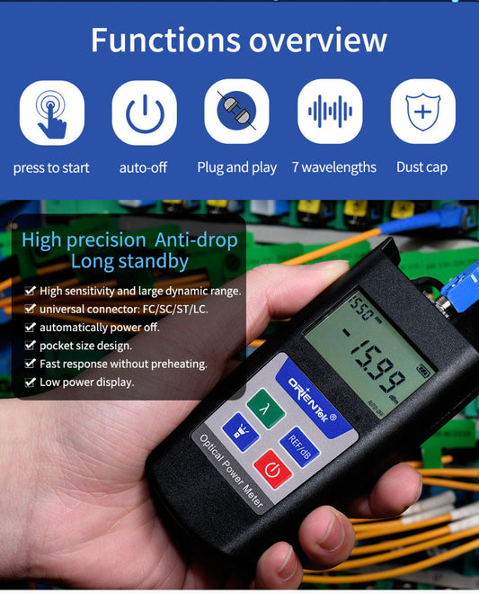 POWER METER ORIENTEK T22E FC/PC SC/PC ST/PC 850NM, 980NM, 1300NM, 1310NM, 1490NM, 1550NM, 1625NM. REQUIERE 2 PILAS AAA, SILICONA ANTIGOLPES