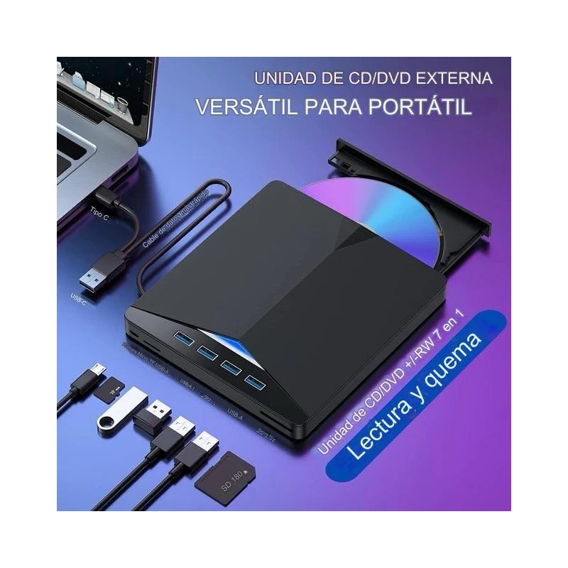 LECTOR GRABADOR CD/DVD EXTERNO USB 3.0 Y USB C CON LECTOR DE MICRO SD