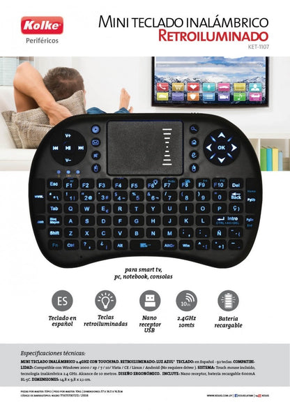 Mini teclado inalámbrico Retroiluminado KET-1107 KOLKE