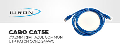 PATCHCORD IURON CAT5E UTP PATCH CORD 24AWG 7/0.2MM 2M 100% COBRE AZUL