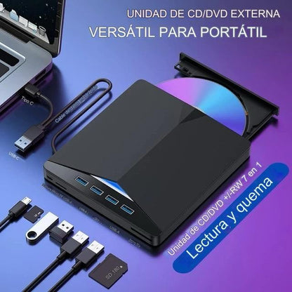 LECTOR GRABADOR CD/DVD EXTERNO USB 3.0 Y USB C CON LECTOR DE MICRO SD