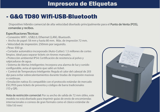 Impresora de tickets y recibos G&G TD80 | Wi-Fi, USB, Ethernet y Bluetooth